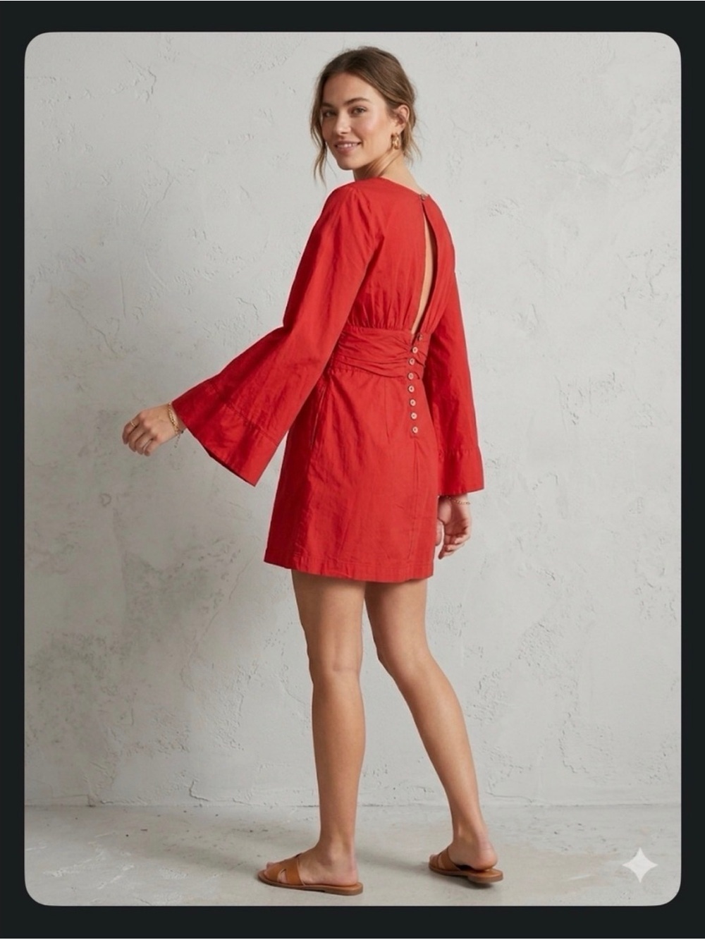 Free People Red Plunge V-Neck Wide Bell Sleeve Mini Dress Tunic - Size Small